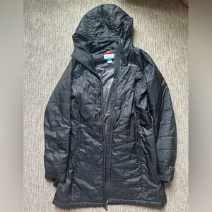 COLUMBIA WOMENS LONG BLACK HOODED DOWN JACKET COAT OMNIHEAT (similar “heavenly”)